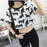2017 Summer Fashion Crop Top Students Cartoon Cat Printed Female T-shirt Casual - Free Shipping